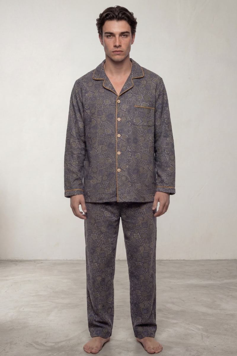 Baumwoll-Schlafanzug Anthrazit Herren, atmungsaktive Baumwolle, Baumwoll-Pyjama für Herren zum Einkuscheln, Vorderansicht