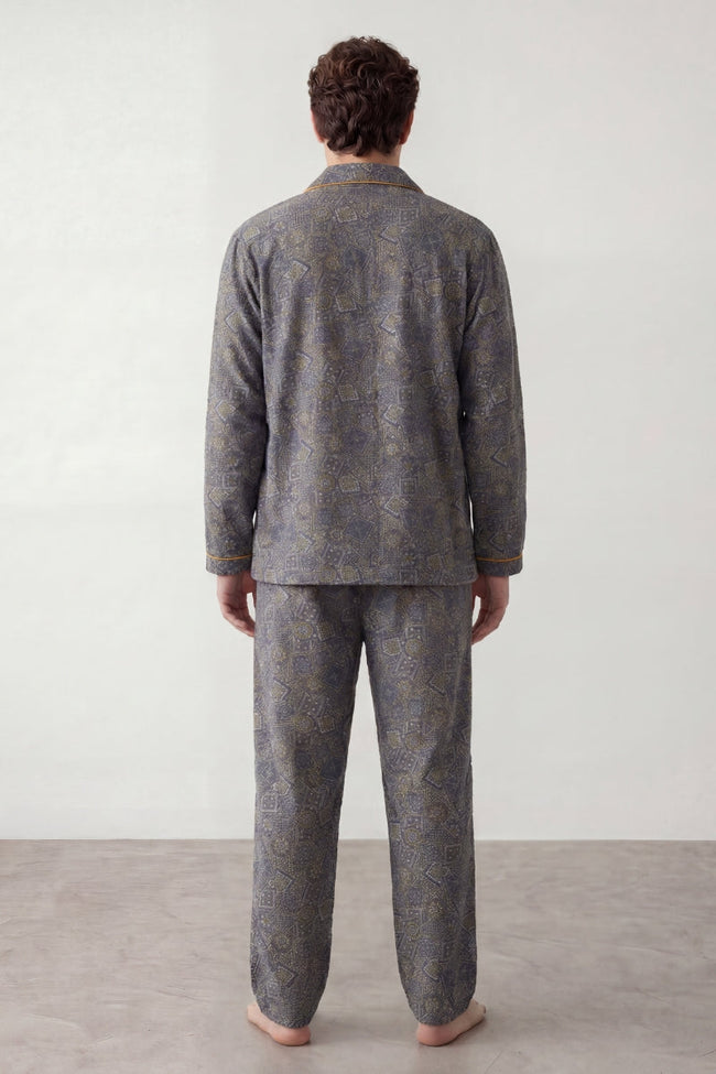 Baumwoll-Schlafanzug Anthrazit Herren, atmungsaktive Baumwolle, Baumwoll-Pyjama für Herren zum Einkuscheln, Rückansicht