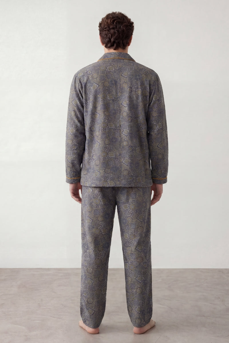 Baumwoll-Schlafanzug Anthrazit Herren, atmungsaktive Baumwolle, Baumwoll-Pyjama für Herren zum Einkuscheln, Rückansicht