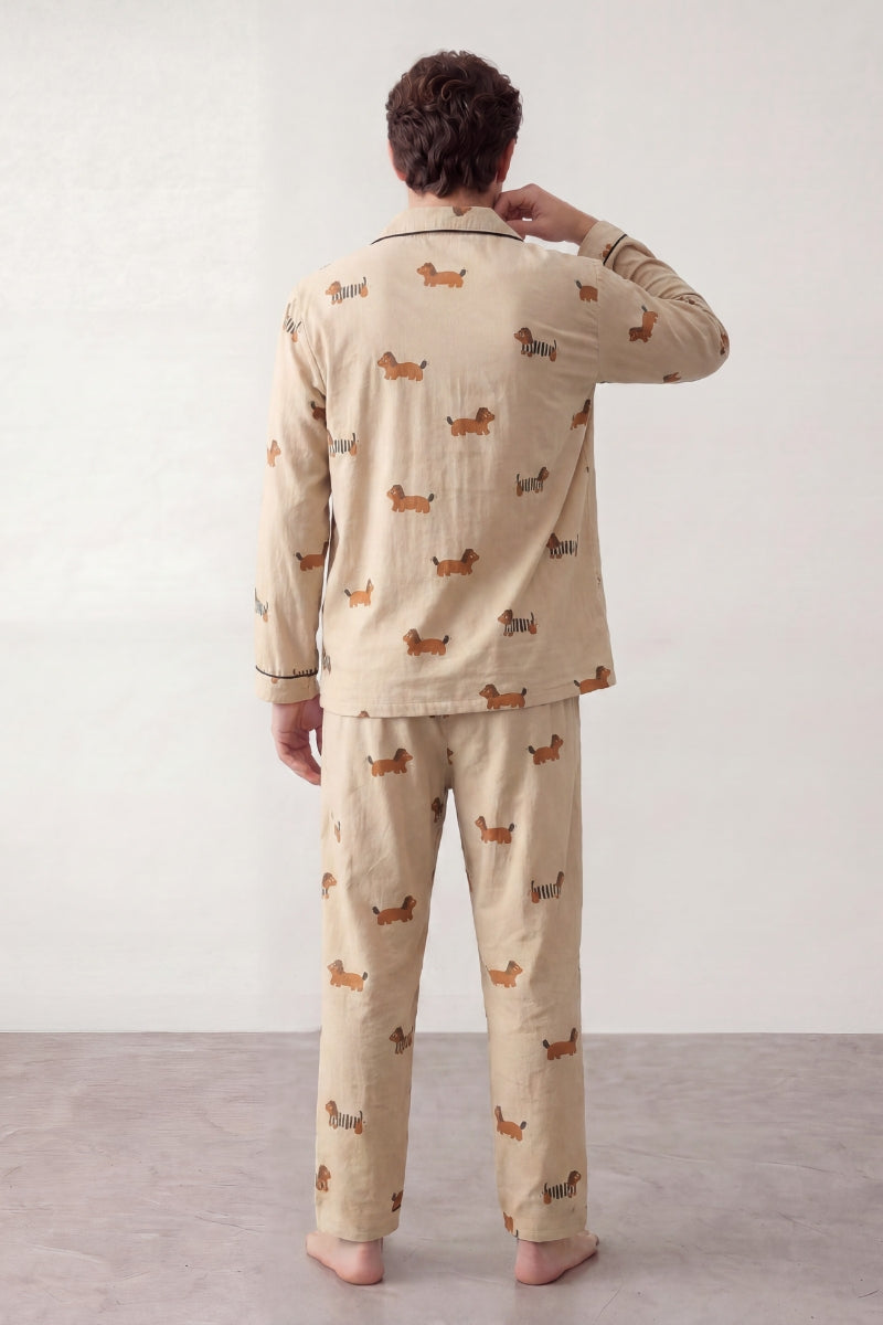 Baumwoll-Schlafanzug Dackel Herren, atmungsaktive Baumwolle, Baumwoll-Pyjama für Herren, Detailansicht der Verarbeitung