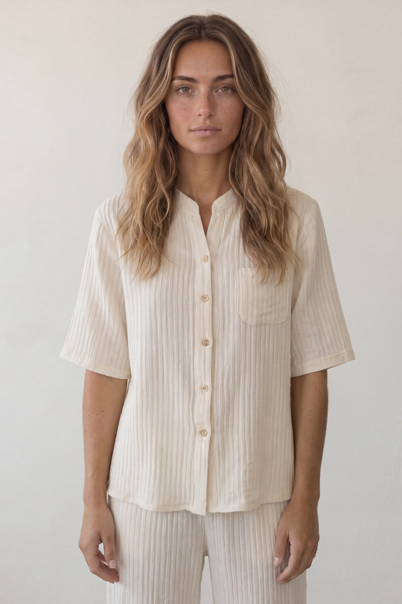 Baumwoll-Schlafanzug Ecru Kurzarm Damen, atmungsaktive Baumwolle, Baumwoll-Pyjama für Damen zum Einkuscheln, Vorderansicht
