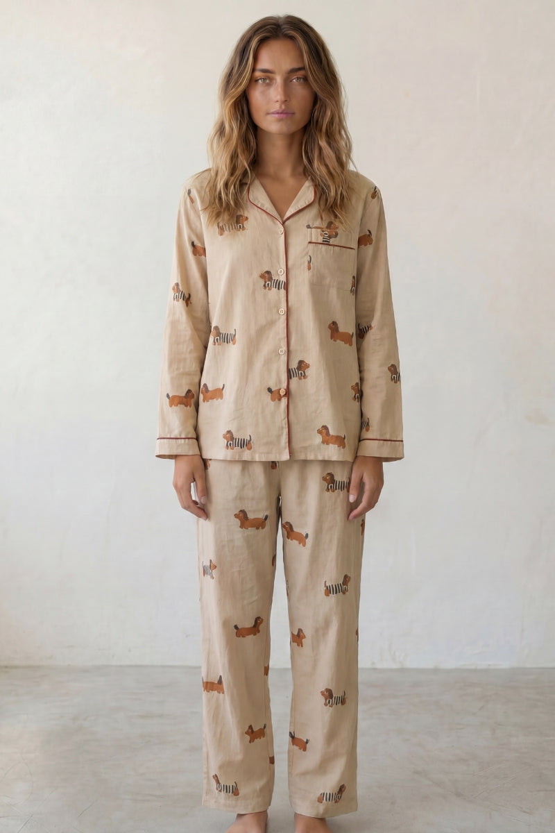 Baumwoll-Schlafanzug Hunde Damen, atmungsaktive Baumwolle, Baumwoll-Pyjama für Damen zum Einkuscheln, Vorderansicht