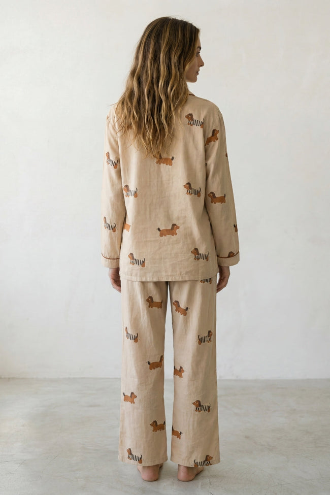 Baumwoll-Schlafanzug Hunde Damen, atmungsaktive Baumwolle, Baumwoll-Pyjama für Damen zum Einkuscheln, Rückansicht