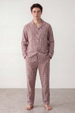 Baumwoll-Schlafanzug Karo Altrosa Herren, atmungsaktive Baumwolle, Baumwoll-Pyjama für Herren zum Einkuscheln, Vorderansicht