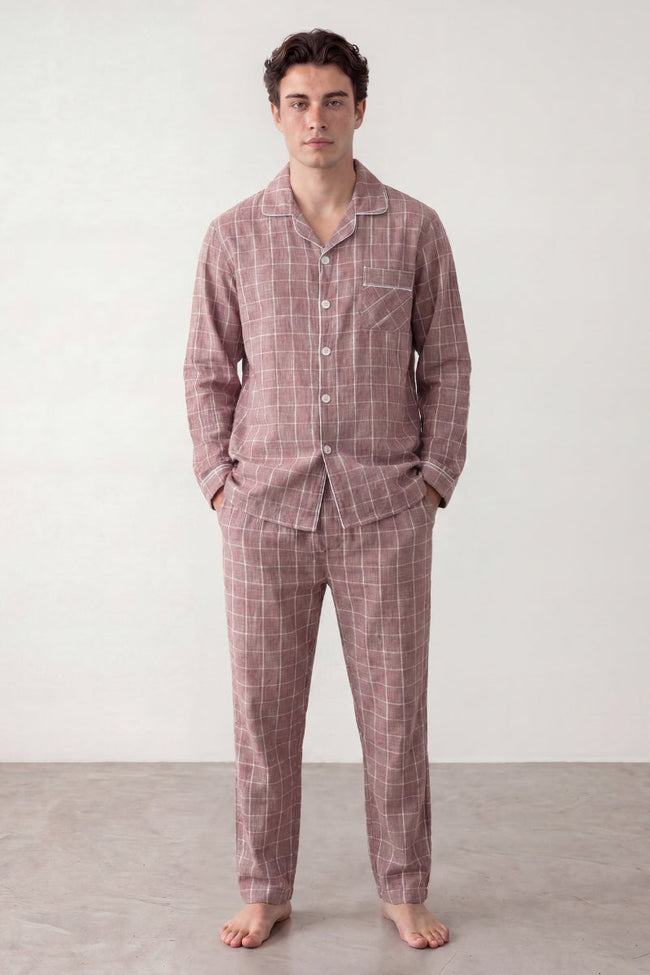 Baumwoll-Schlafanzug Karo Altrosa Herren, atmungsaktive Baumwolle, Baumwoll-Pyjama für Herren zum Einkuscheln, Vorderansicht