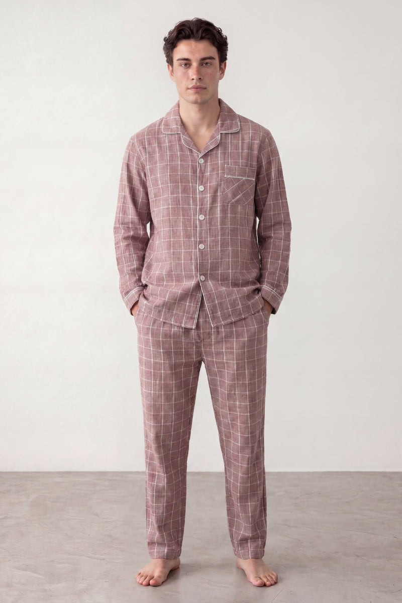 Baumwoll-Schlafanzug Karo Altrosa Herren, atmungsaktive Baumwolle, Baumwoll-Pyjama für Herren zum Einkuscheln, Vorderansicht