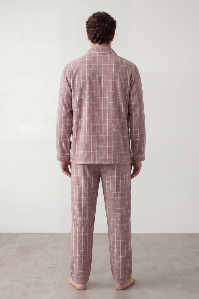 Baumwoll-Schlafanzug Karo Altrosa Herren, atmungsaktive Baumwolle, Baumwoll-Pyjama für Herren, Detailansicht der Verarbeitung
