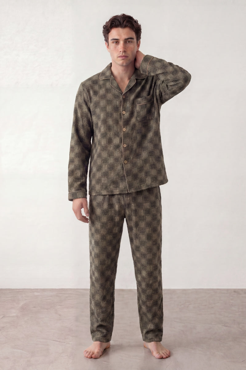 Baumwoll-Schlafanzug Karo Grau Herren, atmungsaktive Baumwolle, Baumwoll-Pyjama für Herren zum Einkuscheln, Rückansicht
