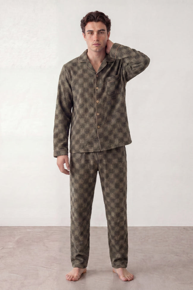 Baumwoll-Schlafanzug Karo Grau Herren, atmungsaktive Baumwolle, Baumwoll-Pyjama für Herren zum Einkuscheln, Rückansicht