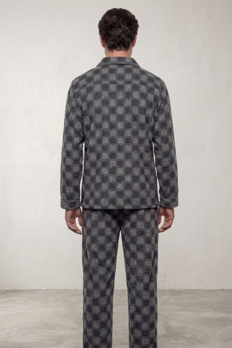 Baumwoll-Schlafanzug Karo Grau Herren, atmungsaktive Baumwolle, Baumwoll-Pyjama für Herren, Detailansicht der Verarbeitung