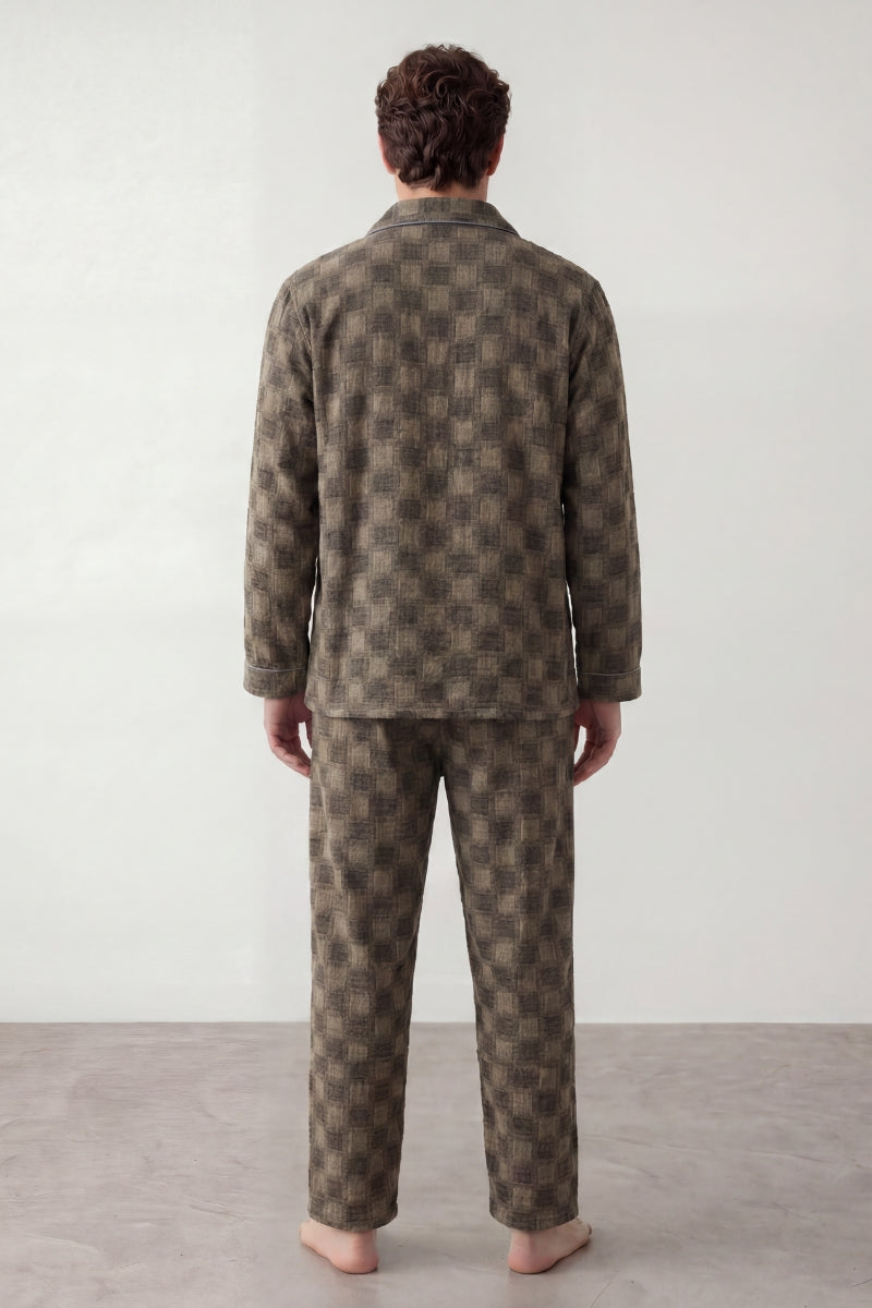Baumwoll-Schlafanzug Karo Grau Herren, atmungsaktive Baumwolle, Baumwoll-Pyjama für Herren zum Einkuscheln, Seitenansicht