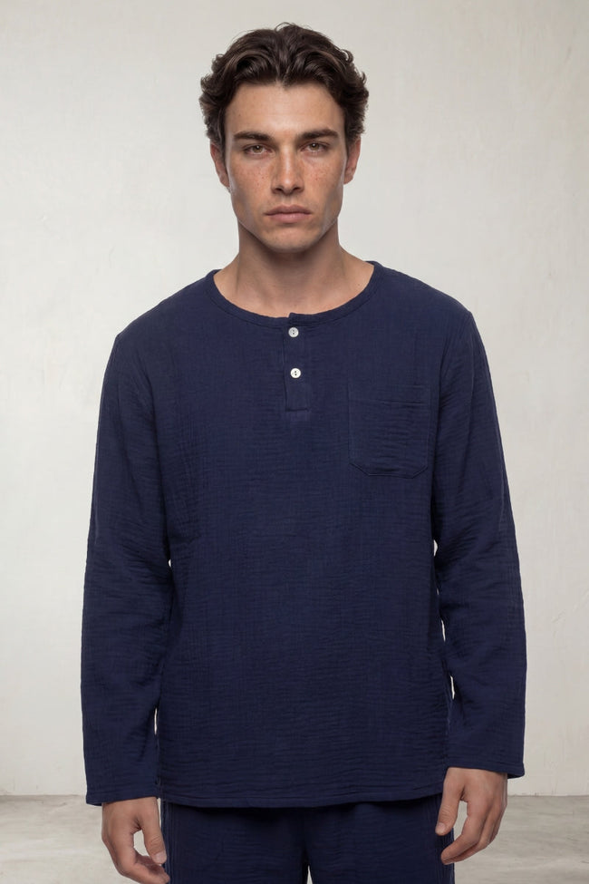 Baumwoll-Schlafanzug Marineblau Herren, atmungsaktive Baumwolle, Baumwoll-Pyjama für Herren zum Einkuscheln, Vorderansicht
