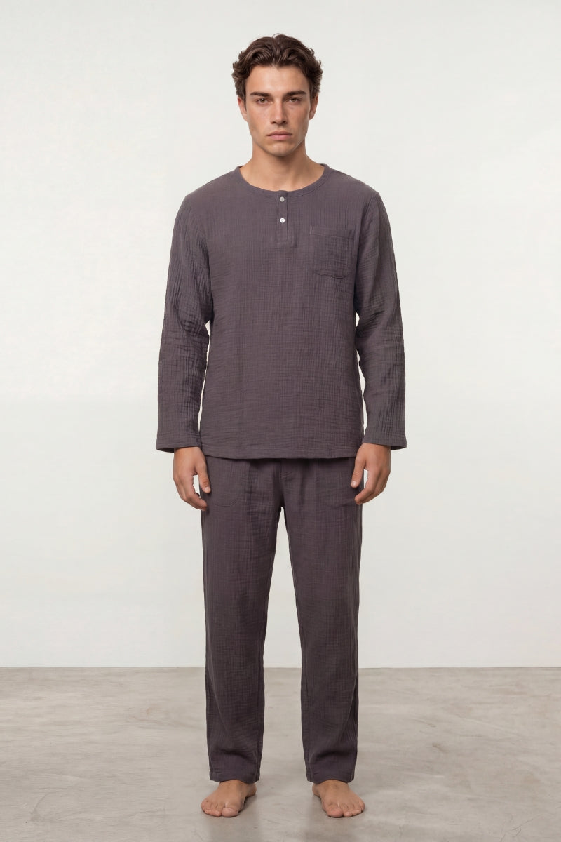Baumwoll-Schlafanzug Marineblau Herren, atmungsaktive Baumwolle, Baumwoll-Pyjama für Herren zum Einkuscheln, Rückansicht