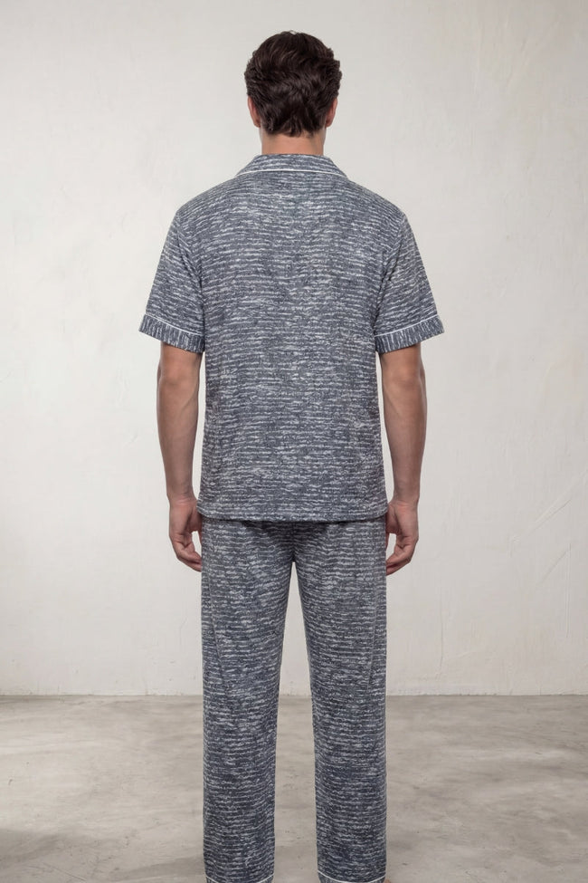 Baumwoll-Schlafanzug Meliert Herren, atmungsaktive Baumwolle, Baumwoll-Pyjama für Herren zum Einkuscheln, Rückansicht