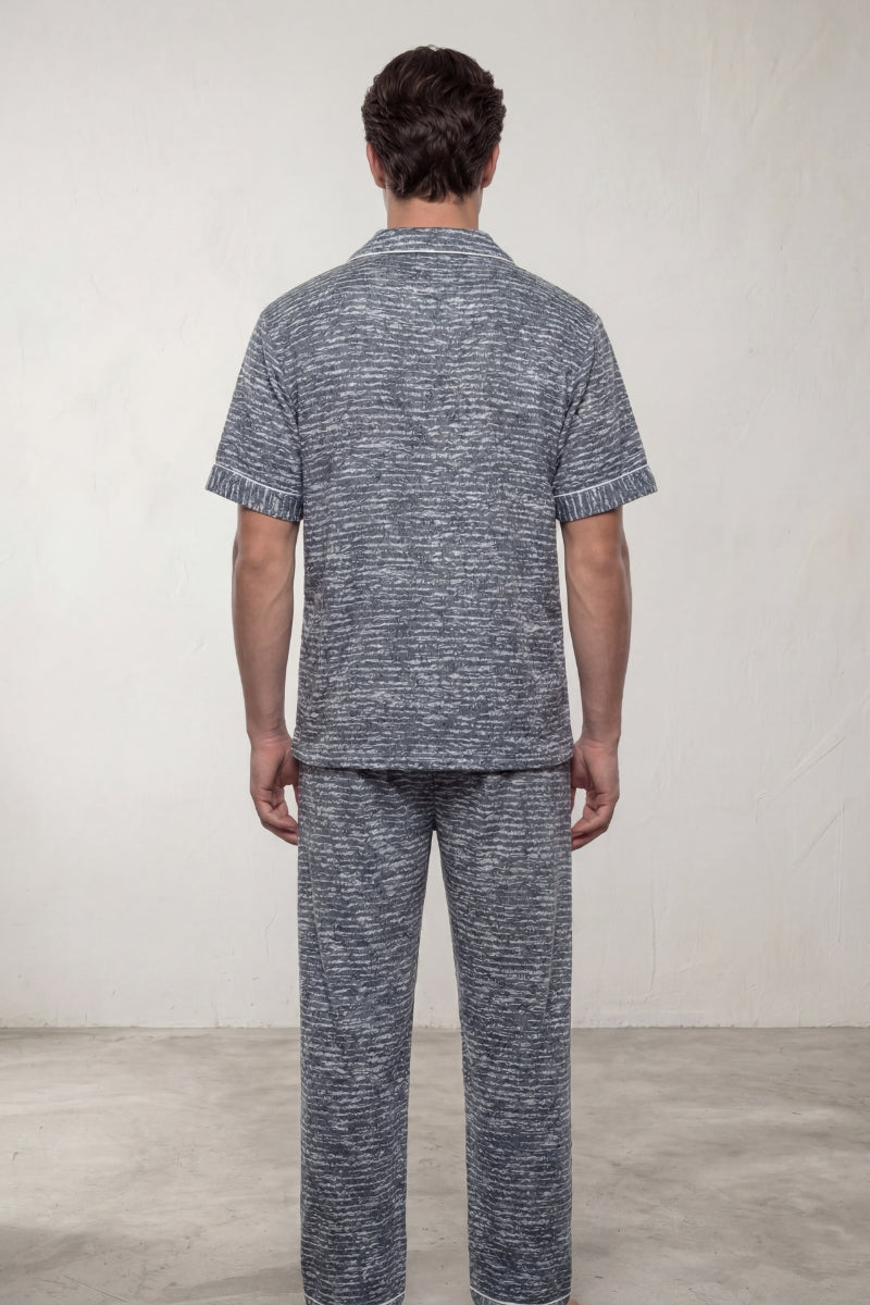Baumwoll-Schlafanzug Meliert Herren, atmungsaktive Baumwolle, Baumwoll-Pyjama für Herren zum Einkuscheln, Rückansicht