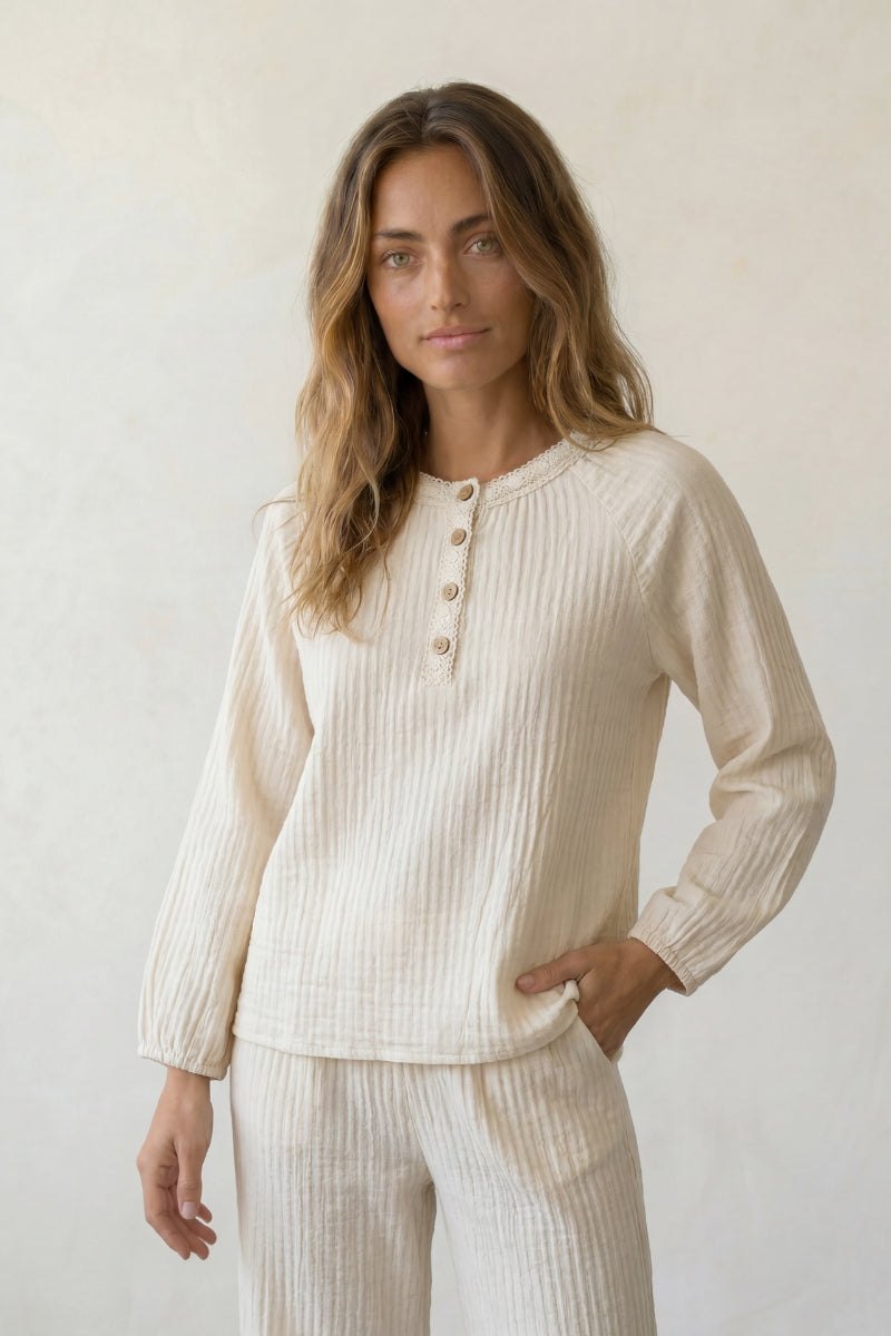 Baumwoll-Schlafanzug Musselin Damen, atmungsaktive Baumwolle, Baumwoll-Pyjama für Damen zum Einkuscheln, Vorderansicht