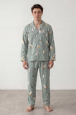 Baumwoll-Schlafanzug Print Salbeigrün Herren, atmungsaktive Baumwolle, Baumwoll-Pyjama für Herren, Vorderansicht