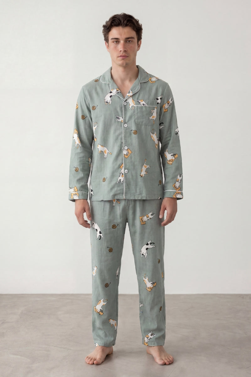Baumwoll-Schlafanzug Print Salbeigrün Herren, atmungsaktive Baumwolle, Baumwoll-Pyjama für Herren, Vorderansicht