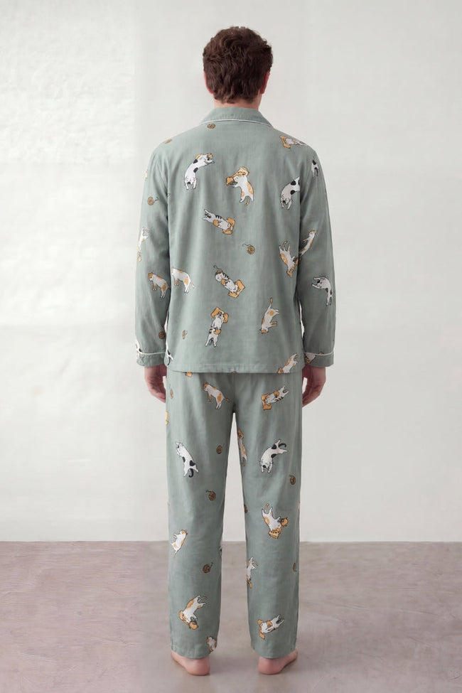 Baumwoll-Schlafanzug Print Salbeigrün Herren, atmungsaktive Baumwolle, Baumwoll-Pyjama für Herren, Rückansicht