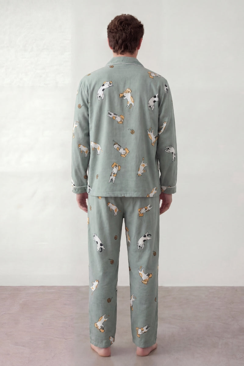 Baumwoll-Schlafanzug Print Salbeigrün Herren, atmungsaktive Baumwolle, Baumwoll-Pyjama für Herren, Rückansicht