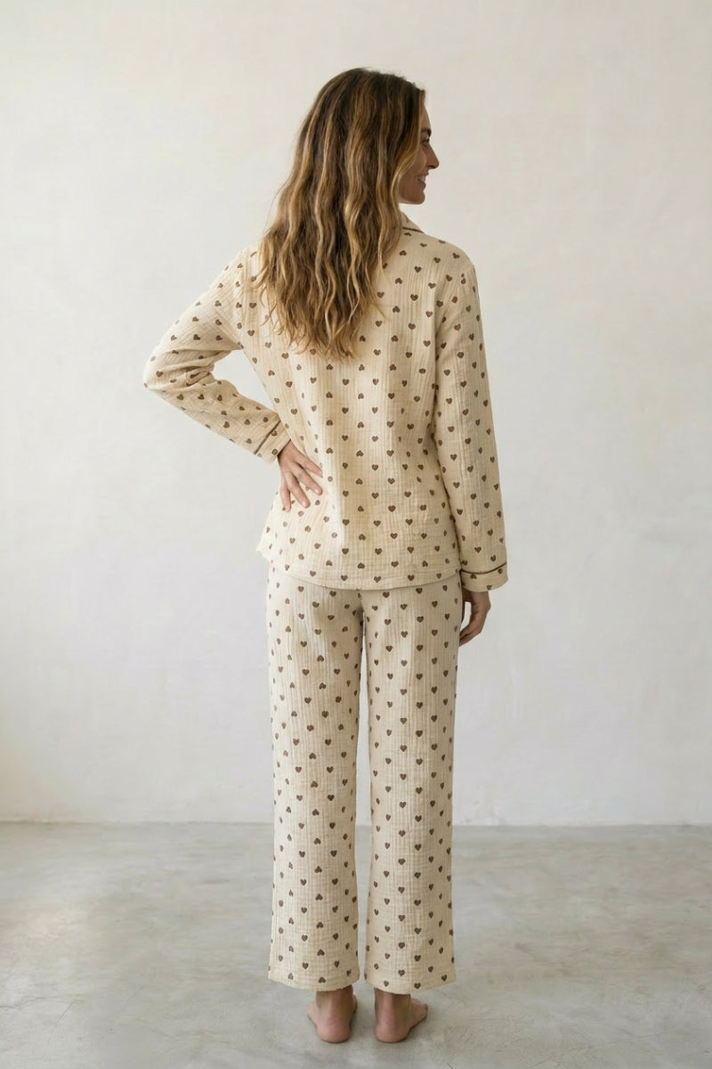 Baumwoll-Schlafanzug Punkte Damen, atmungsaktive Baumwolle, Baumwoll-Pyjama für Damen zum Einkuscheln, Rückansicht