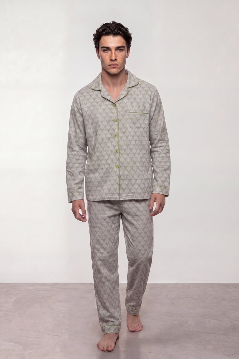 Baumwoll-Schlafanzug Punkte Grün Herren, atmungsaktive Baumwolle, Baumwoll-Pyjama für Herren zum Einkuscheln, Vorderansicht