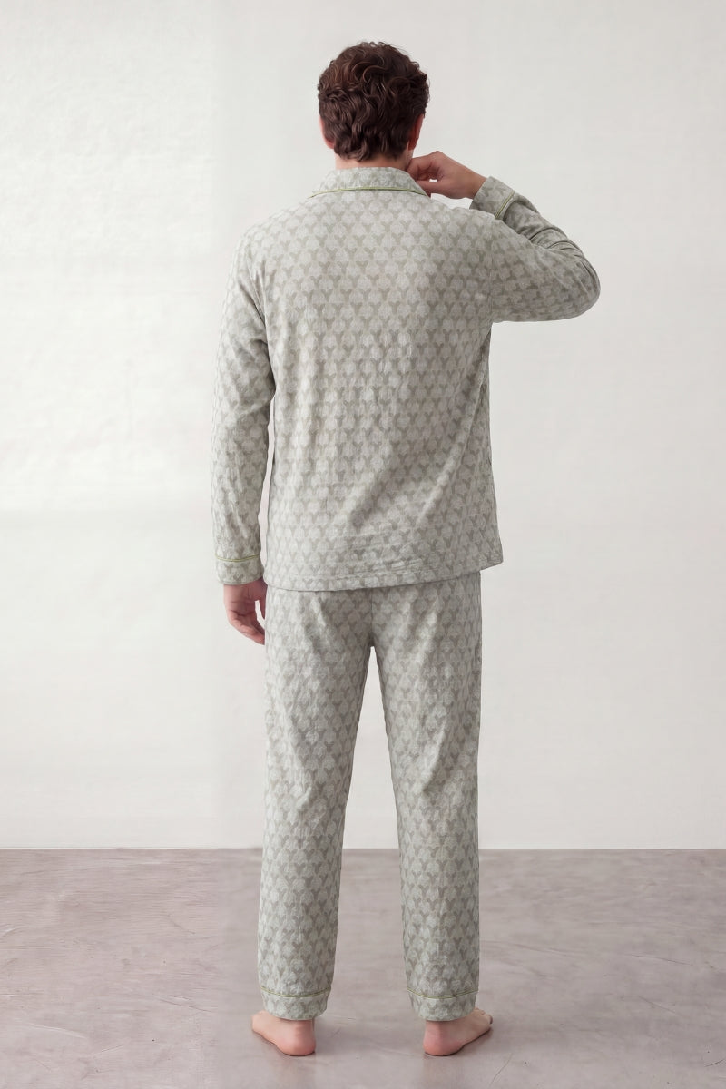 Baumwoll-Schlafanzug Punkte Grün Herren, atmungsaktive Baumwolle, Baumwoll-Pyjama für Herren zum Einkuscheln, Rückansicht
