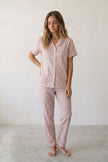 Baumwoll-Schlafanzug Rosa Kurzarm Damen, atmungsaktive Baumwolle, Baumwoll-Pyjama für Damen zum Einkuscheln, Vorderansicht