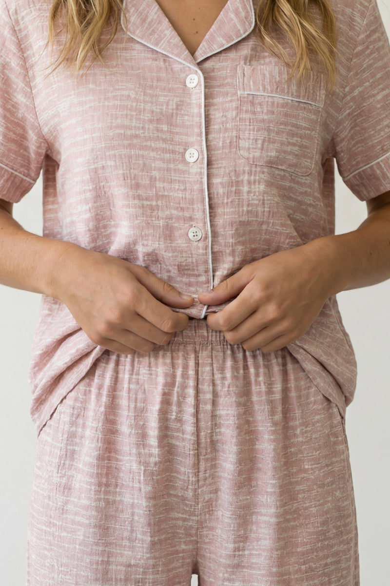 Baumwoll-Schlafanzug Rosa Kurzarm Damen, atmungsaktive Baumwolle, Baumwoll-Pyjama für Damen zum Einkuscheln, Rückansicht