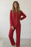 Baumwoll-Schlafanzug Rot Damen, atmungsaktive Baumwolle, Baumwoll-Pyjama für Damen zum Einkuscheln, Vorderansicht