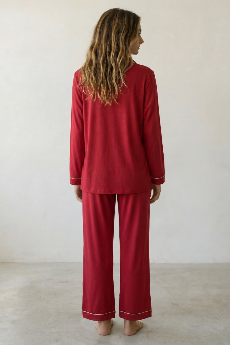 Baumwoll-Schlafanzug Rot Damen, atmungsaktive Baumwolle, Baumwoll-Pyjama für Damen zum Einkuscheln, Rückansicht