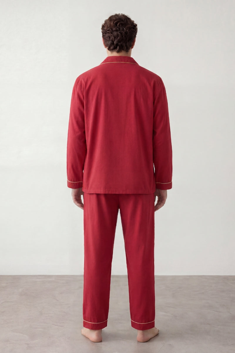 Baumwoll-Schlafanzug Rot Herren, atmungsaktive Baumwolle, Baumwoll-Pyjama für Herren, Detailansicht der Verarbeitung