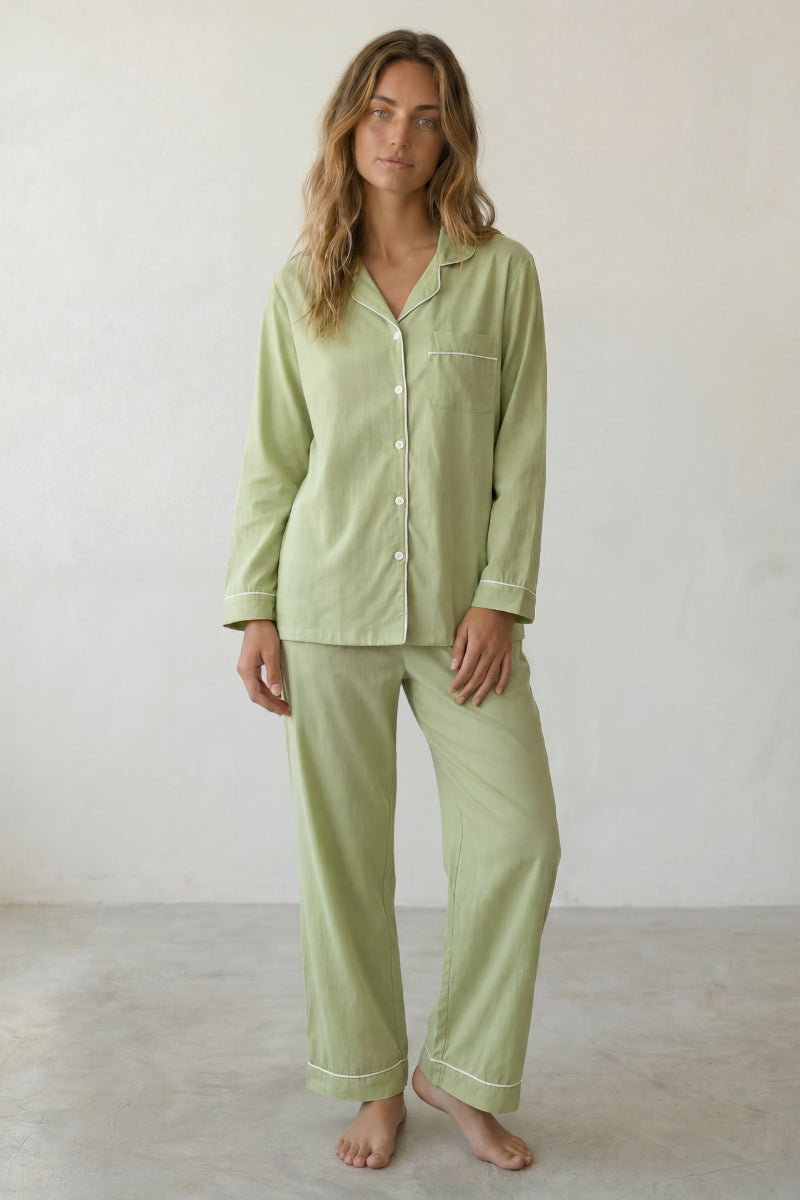 Baumwoll-Schlafanzug Salbeigrün Damen, atmungsaktive Baumwolle, Baumwoll-Pyjama für Damen zum Einkuscheln, Vorderansicht