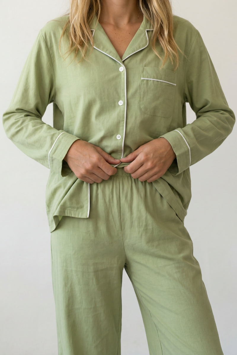Baumwoll-Schlafanzug Salbeigrün Damen, atmungsaktive Baumwolle, Baumwoll-Pyjama für Damen, Detailansicht der Verarbeitung