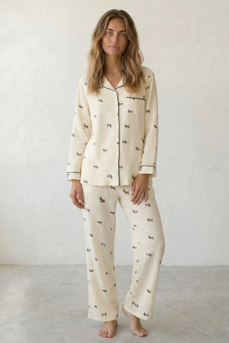 Baumwoll-Schlafanzug Schleifen Damen, atmungsaktive Baumwolle, Baumwoll-Pyjama für Damen zum Einkuscheln, Vorderansicht