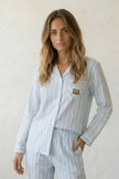 Baumwoll-Schlafanzug Streifen Blau Damen, atmungsaktive Baumwolle, Baumwoll-Pyjama für Damen zum Einkuscheln, Vorderansicht