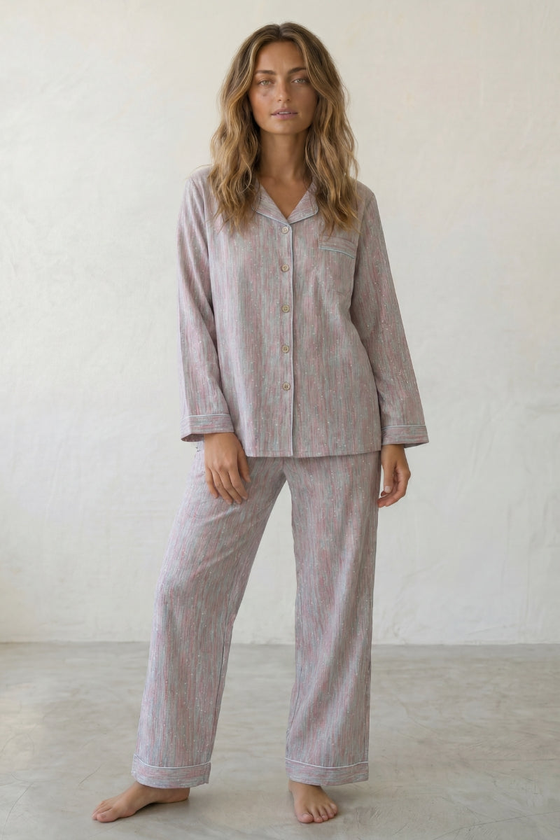 Baumwoll-Schlafanzug Streifen Grau Damen, atmungsaktive Baumwolle, Baumwoll-Pyjama für Damen zum Einkuscheln, Vorderansicht