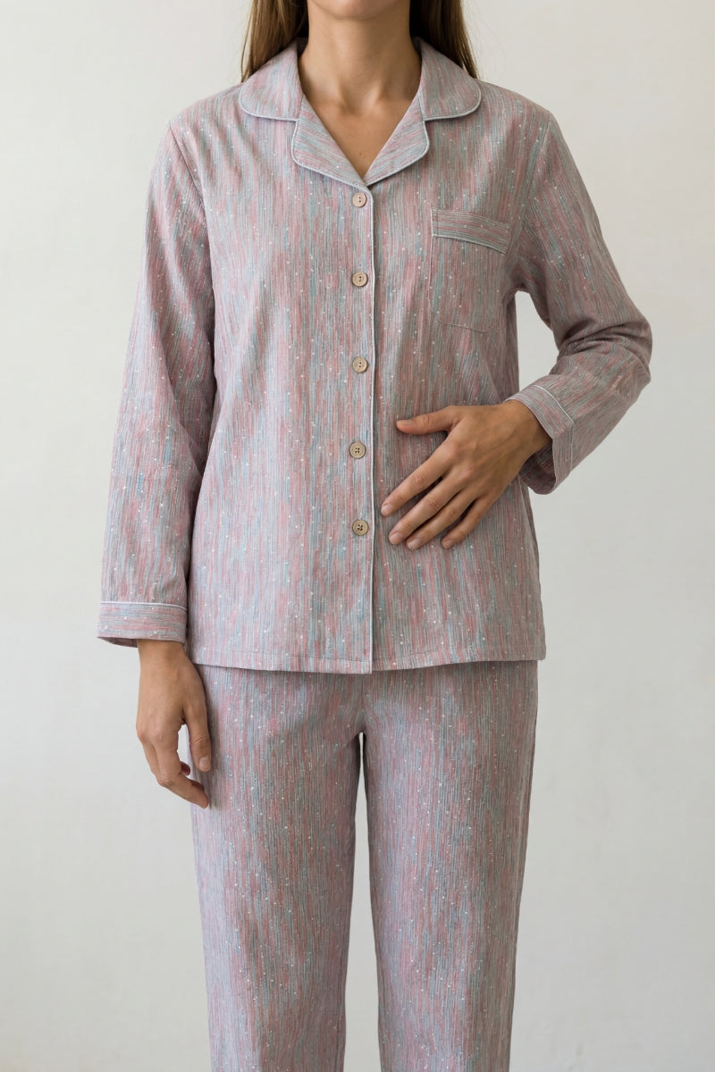 Baumwoll-Schlafanzug Streifen Grau Damen, atmungsaktive Baumwolle, Baumwoll-Pyjama für Damen zum Einkuscheln, Rückansicht