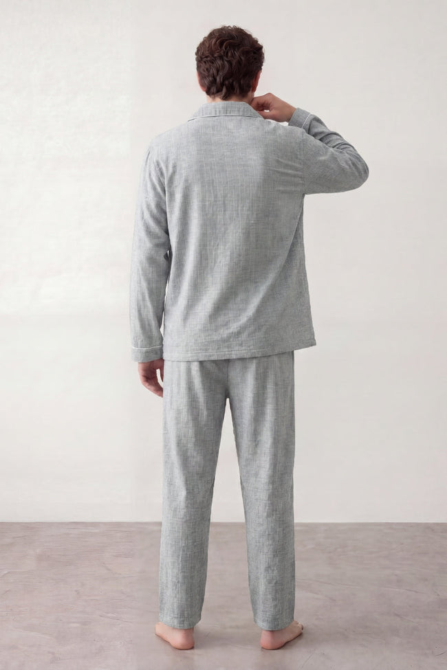 Baumwoll-Schlafanzug Streifen Grau Herren, atmungsaktive Baumwolle, Baumwoll-Pyjama für Herren zum Einkuscheln, Rückansicht