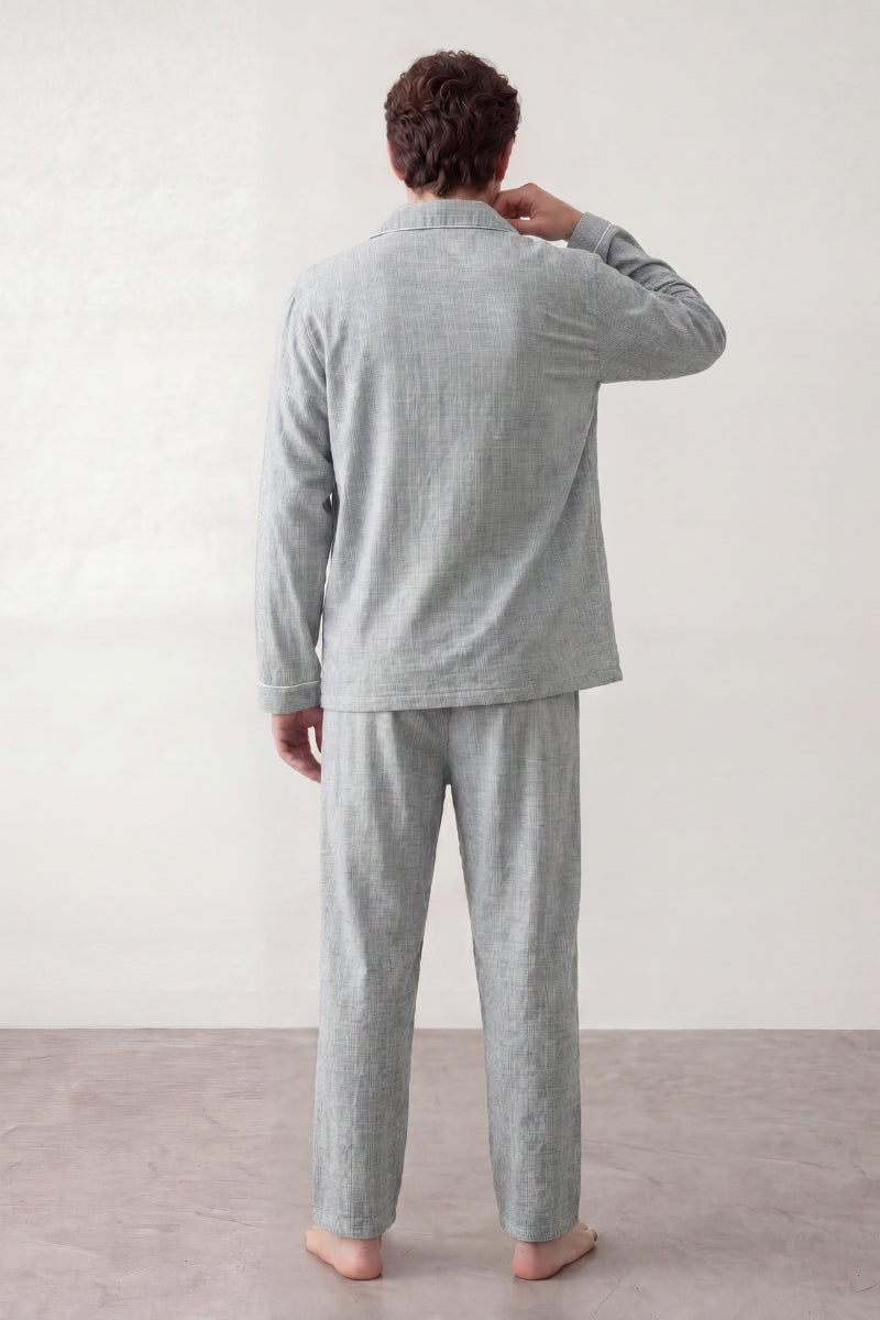 Baumwoll-Schlafanzug Streifen Grau Herren, atmungsaktive Baumwolle, Baumwoll-Pyjama für Herren zum Einkuscheln, Rückansicht