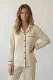 Baumwoll-Schlafanzug Taupe Damen, atmungsaktive Baumwolle, Baumwoll-Pyjama für Damen zum Einkuscheln, Rückansicht