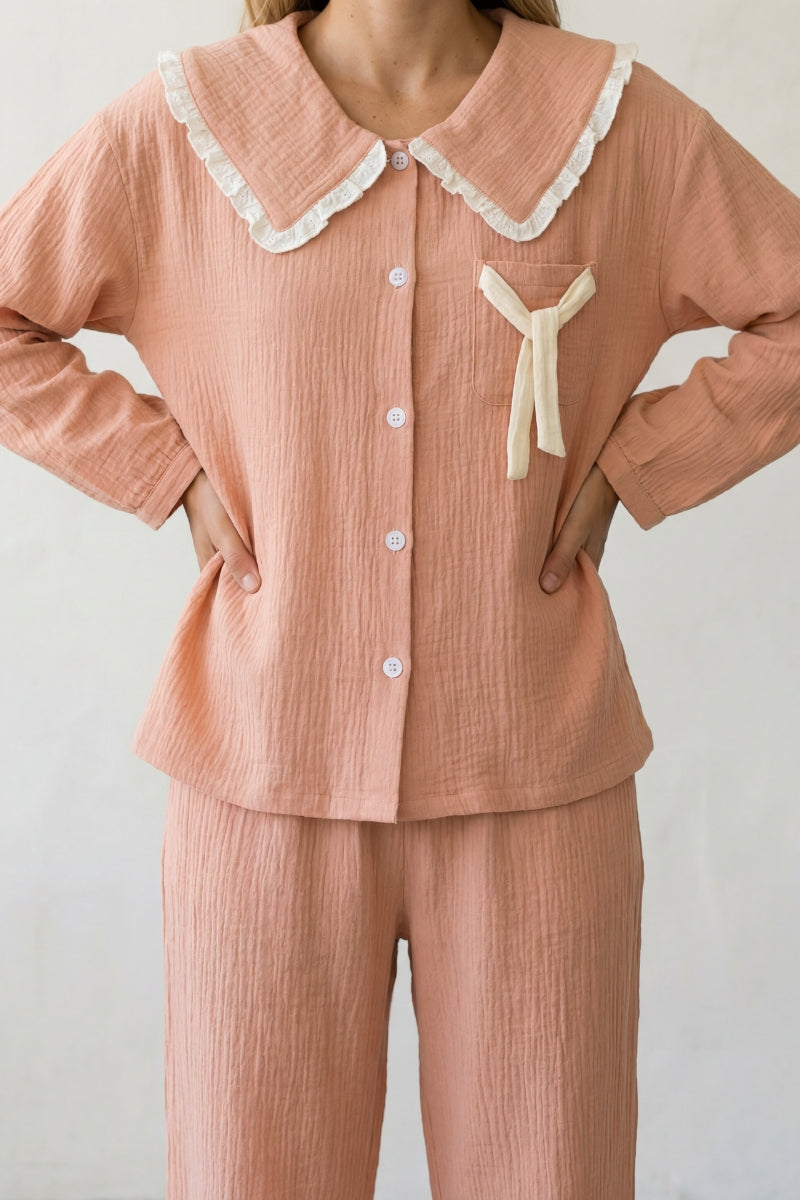 Baumwoll-Schlafanzug Terrakotta Damen, atmungsaktive Baumwolle, Baumwoll-Pyjama für Damen zum Einkuscheln, Rückansicht