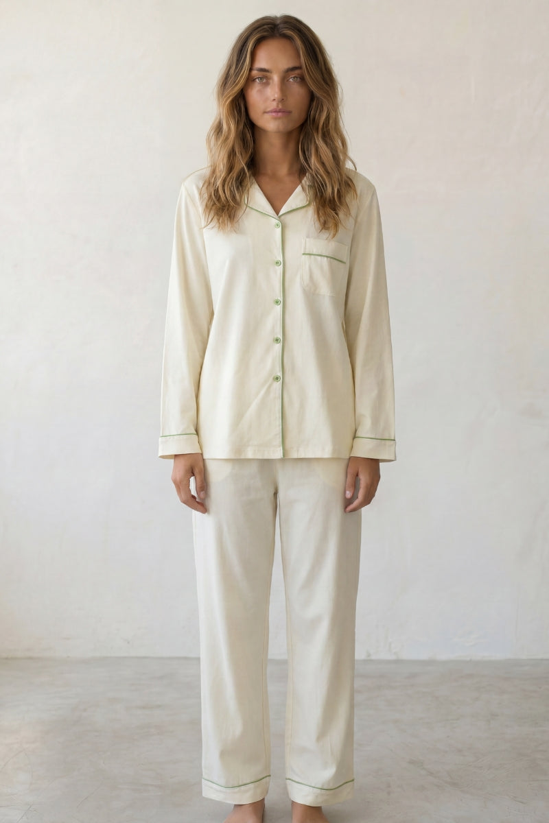 Baumwoll-Schlafanzug Weiß Damen, atmungsaktive Baumwolle, Baumwoll-Pyjama für Damen zum Einkuscheln, Vorderansicht