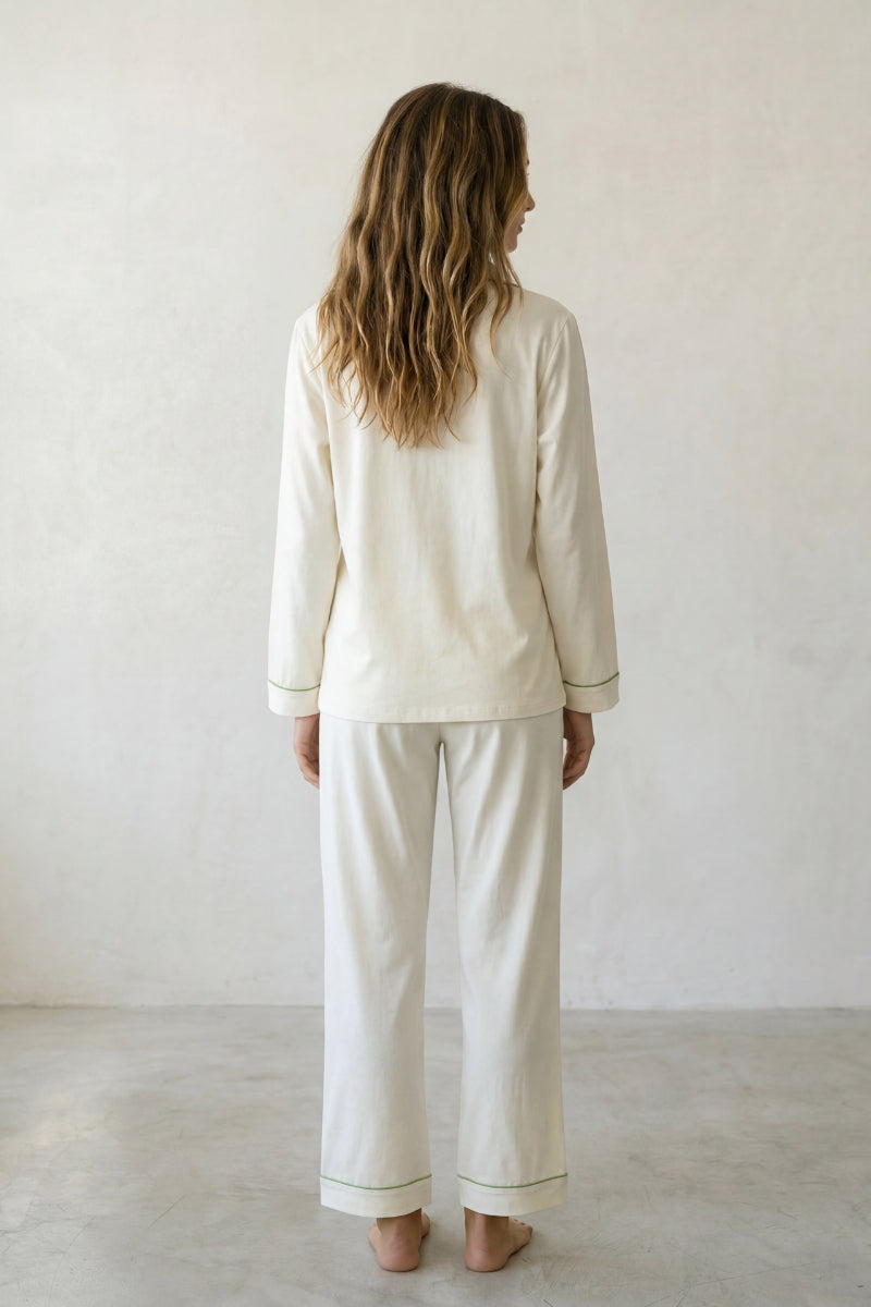 Baumwoll-Schlafanzug Weiß Damen, atmungsaktive Baumwolle, Baumwoll-Pyjama für Damen zum Einkuscheln, Rückansicht