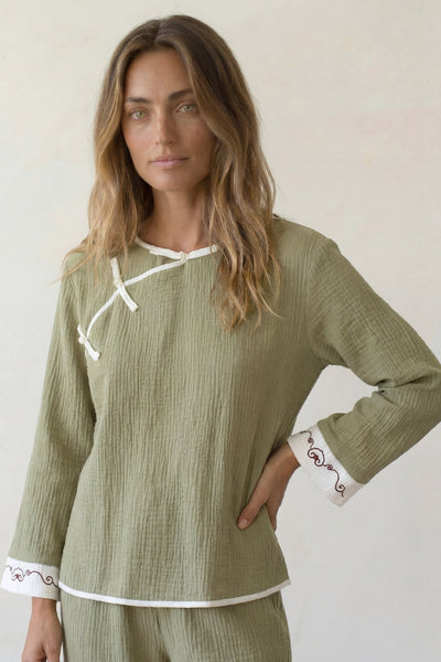 Baumwoll-Schlafanzug Wickeloptik Khaki Damen