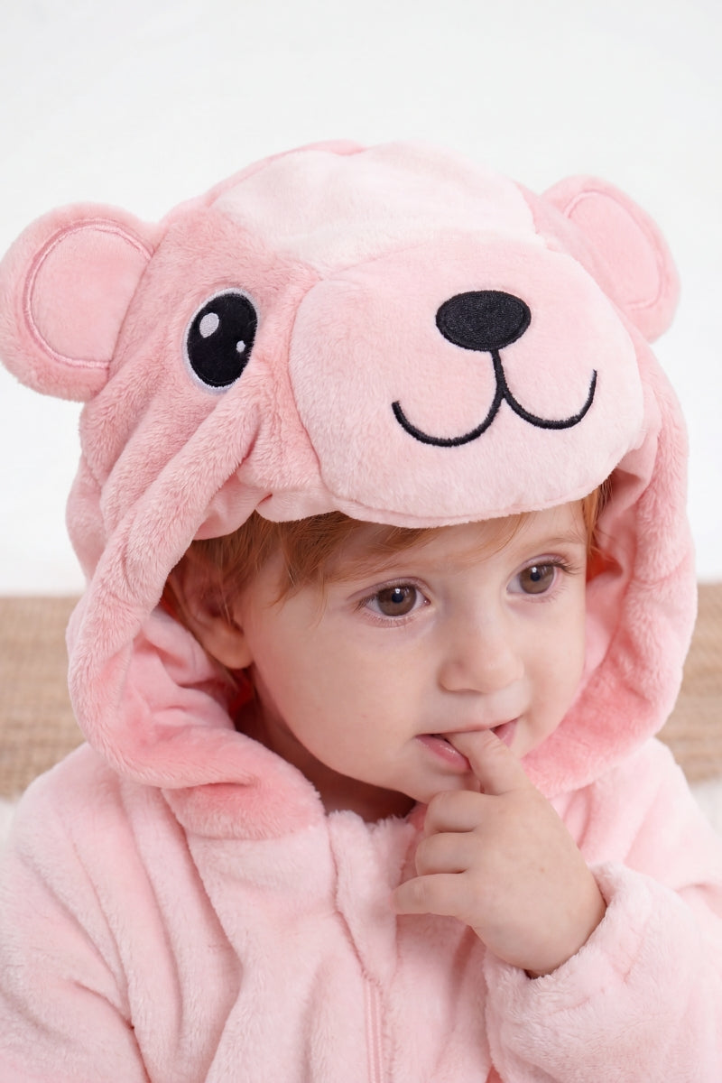 Einteiler Schlafanzug Baby Bär Rosa, Kapuze und weiches Material, einteiliger Schlafanzug für Kinder, Rückansicht
