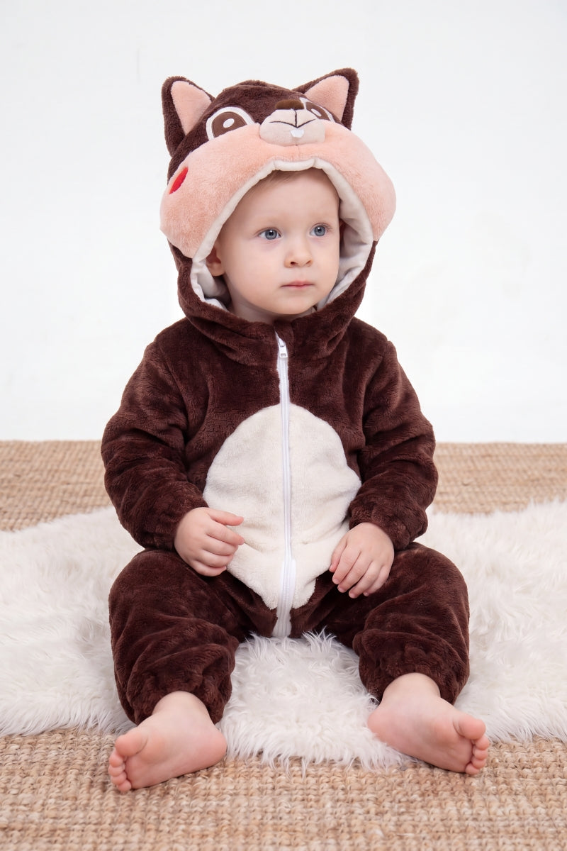 Einteiler Schlafanzug Baby Eichhörnchen, Kapuze und weiches Material, einteiliger Schlafanzug für Kinder, Vorderansicht
