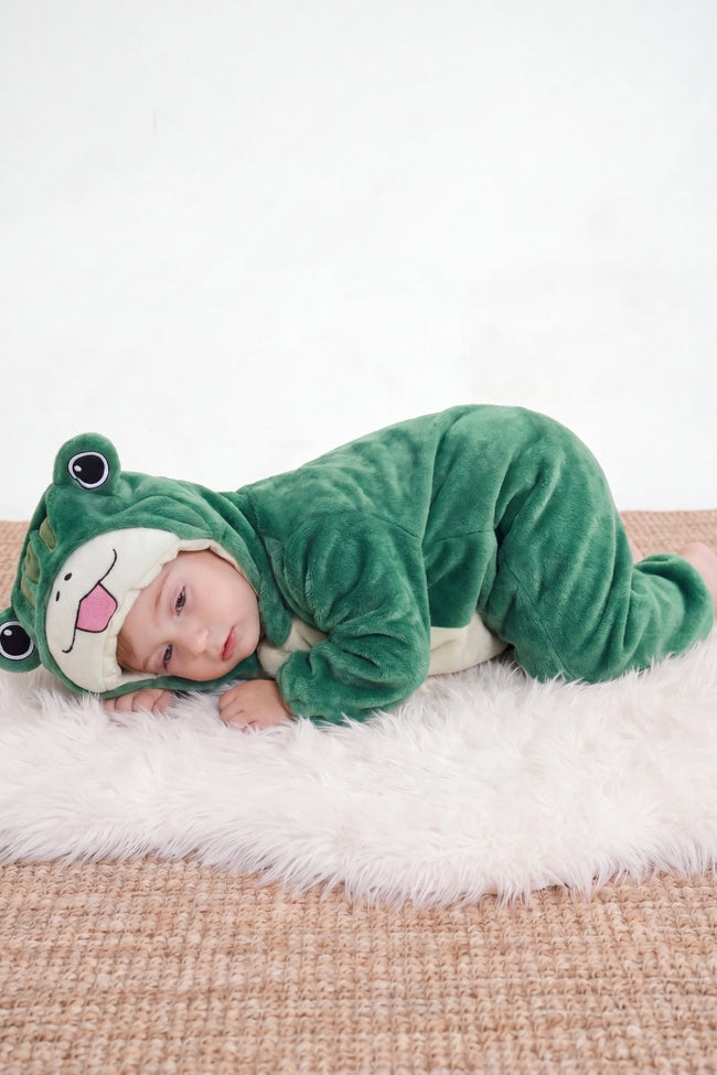 Einteiler Schlafanzug Baby Frosch, Kapuze und weiches Material, einteiliger Schlafanzug für Kinder, Vorderansicht