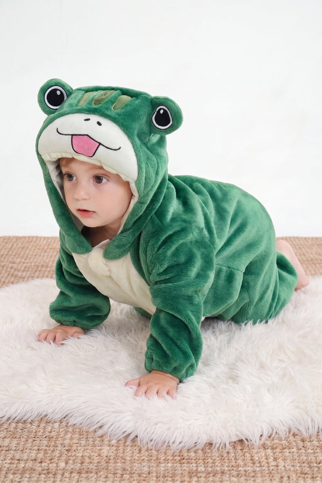 Einteiler Schlafanzug Baby Frosch, Kapuze und weiches Material, einteiliger Schlafanzug für Kinder, Rückansicht