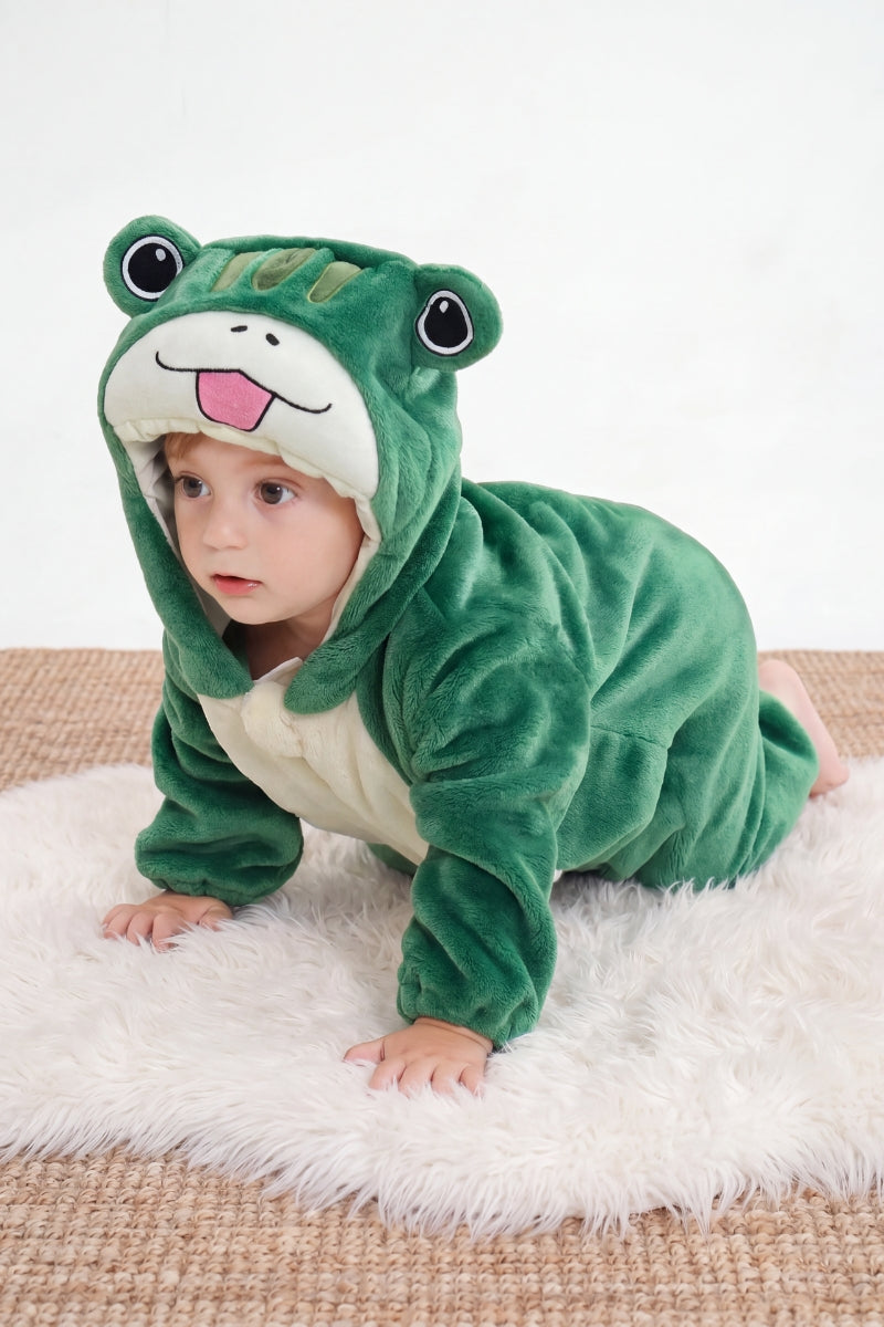 Einteiler Schlafanzug Baby Frosch, Kapuze und weiches Material, einteiliger Schlafanzug für Kinder, Rückansicht